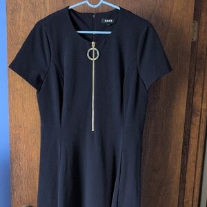 DKNY Blue Sheath Dress with Short Sleeves and Crew Neck